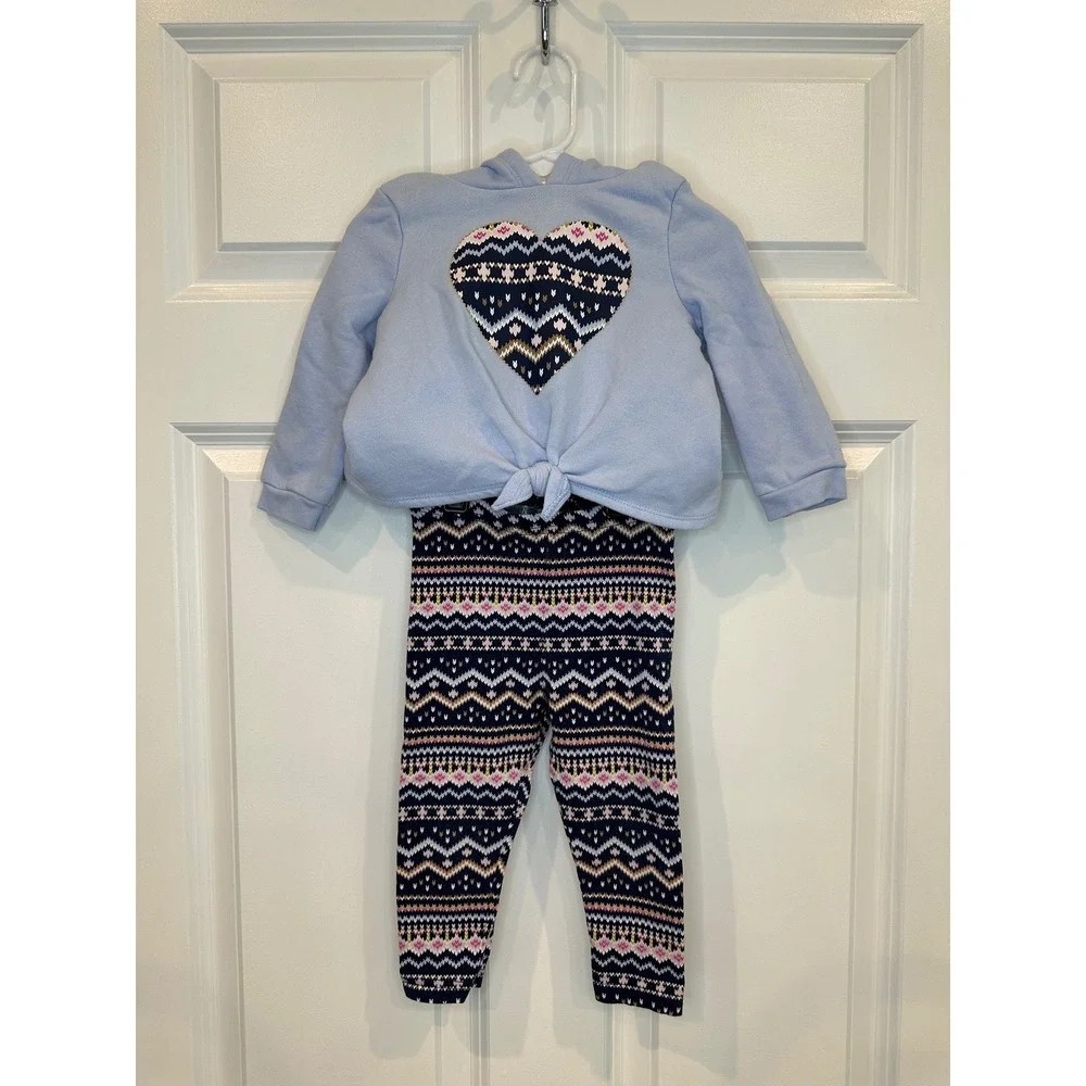 Baby Girl Carter's Blue Heart Hoodie Tie‎ Front Leggings Set Size 18 Months